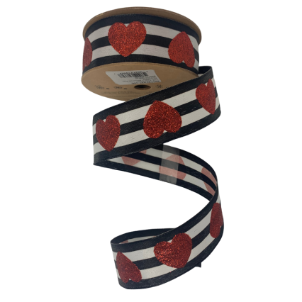 1.5" x  10yd  Glitter Heart on Black/white Stripe Ribbon