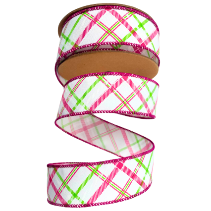 1.5" x 10yd White w/ Pastel Pink & Green Plaid Ribbon
