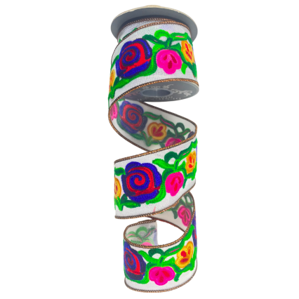 2.5" x 5yd Multi Floral Embroidery Stitches Ribbon
