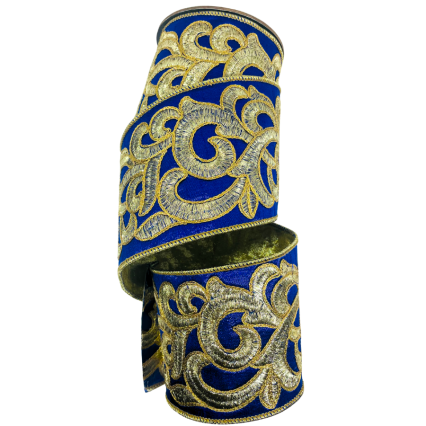 4" x 5yd Royal Blue w/ Gold Scalloped Design Ribbon