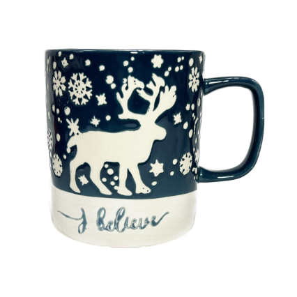 18oz Blue/White Coffee Mug W/ Reindeer- I Believe