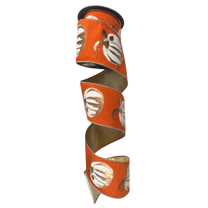 4" x 10yd White Gilded Pumpkin on Orange Deluxe Ribbon