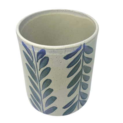 7" Blue Leaf Patterned Ceramic Utensil Crock