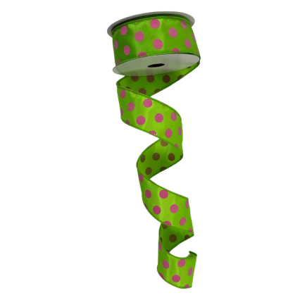 1.5" x 10yd Lime w/ Pink Polka Dot Satin Ribbon