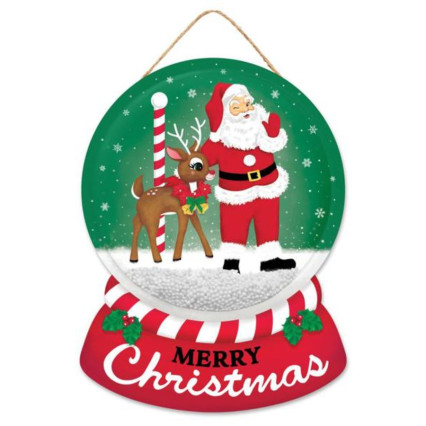 12" Merry Christmas  Santa & Reindeer Snow Globe Sign