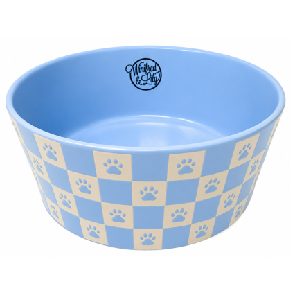 3" Light Blue & White Paw Checkered Pet Bowl
