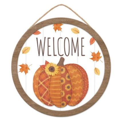 10.5" Welcome w/Quilted Pumpkin Round Sign