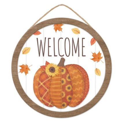 10.5" Welcome w/Quilted Pumpkin Round Sign