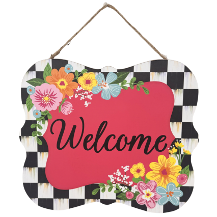 12" Welcome Checkered & Floral Wooden Sign