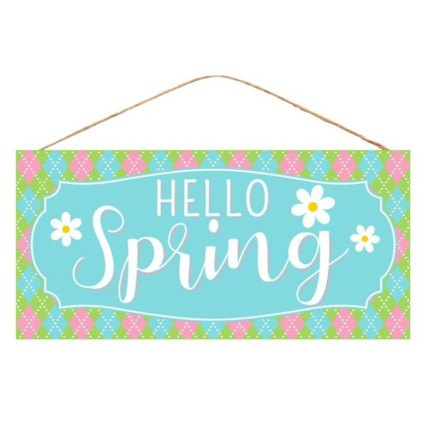12" Hello Spring W/ Daisies Argyle Pattern Sign