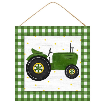 10" Square Tractor w/Gingham Edge Sign - Green