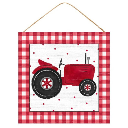 10" Square Tractor w/ Gingham Edge Sign - Red