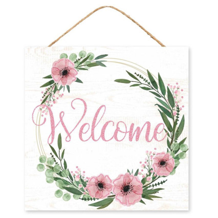 10" Welcome Square Floral Wreath Sign