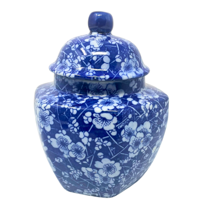 7" Blue & White Chinoiserie Porcelain Floral Lidded Jar Vase