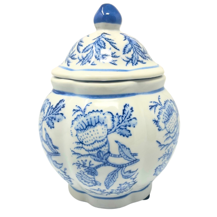 7" Blue & White Chinoiserie Porcelain Lidded Jar Vase