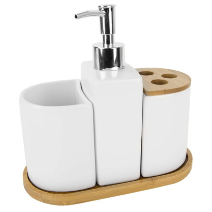 4 Piece Ceramic Bath Accessory Set w/ Bamboo Accents