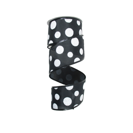 2.5"x10yd Black with White Glitter Polka Dots Ribbon