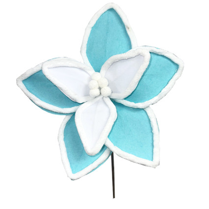 19" Blue Poinsettia Pick w/White Pom Poms