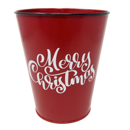 8" Metal Red Merry Christmas Planter