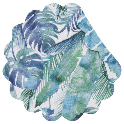 Round Reversible Quilted Placemat - Blue/Green Palms & Medallions
