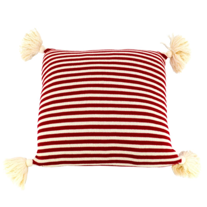 18" Red & White Striped Knit Pillow w/PomPoms