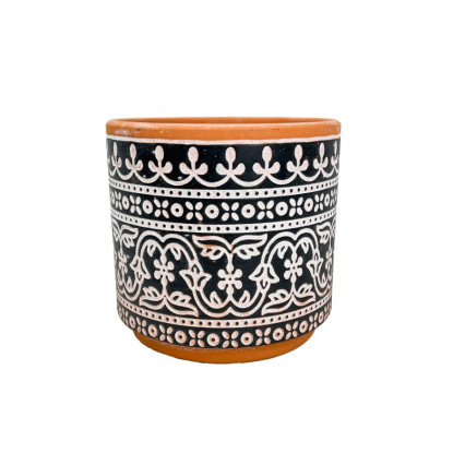 6.5"DIA Terracotta Planter W/ Black & White Multi Pattern Design