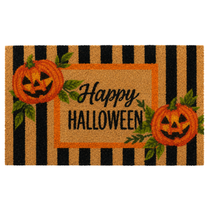 Happy Halloween Striped Pumpkin Coir Mat