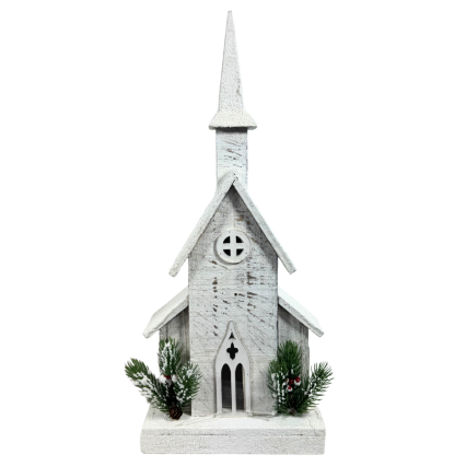 22.5" White Light-Up Church with Foliage