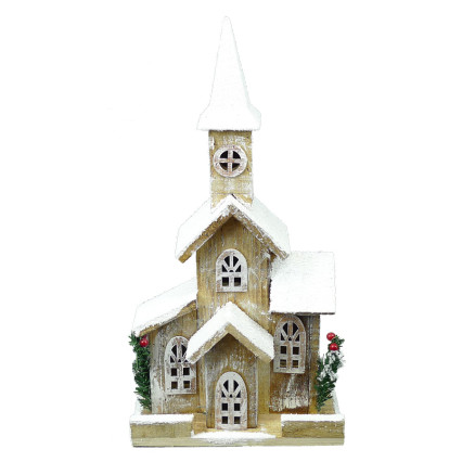 16"H Snowy Wooden Light Up Church- Natural