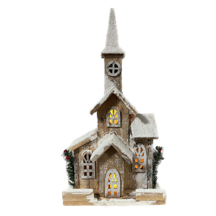 16" Snowy Brown Church with Foliage