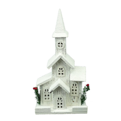 16"H Snowy Wooden Light Up Church - White