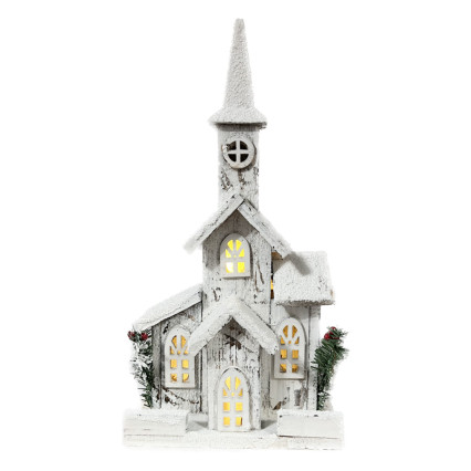 16" Snowy White Church with Foliage