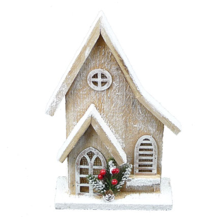 11"H x6.5"W Light Up Snowy Church-Brown