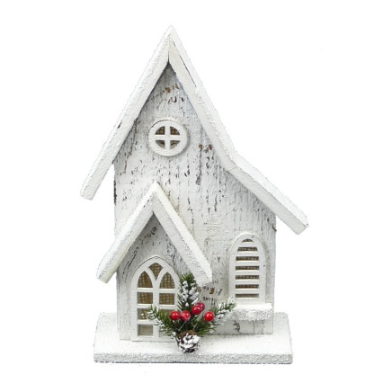 11"H x6.5"W Light Up Snowy Church-White