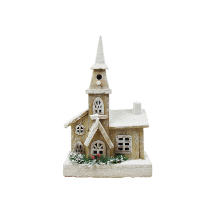 16"H Snowy Wooden Light Up Church - Brown