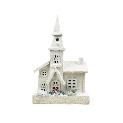 16"H Snowy Wooden Light Up Church - White