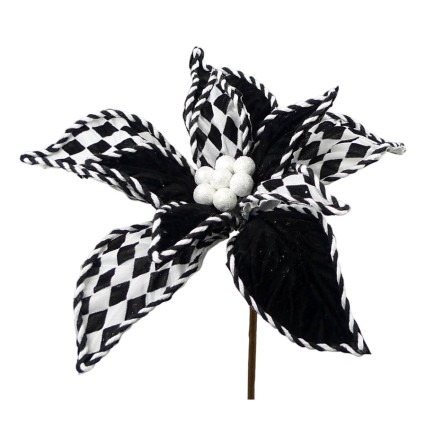 10" Velvet Poinsettia Pick with Diamond Pattern-Black/White