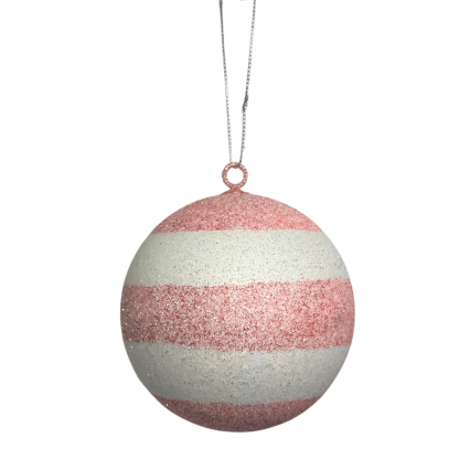 4" Pink & White Glitter Striped Ball Ornament