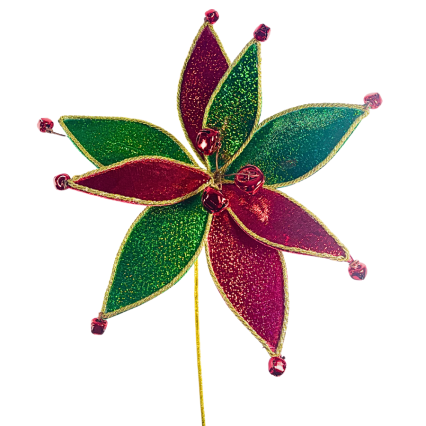 23" Red & Green Metallic Jingle Bell Poinsettia Stem