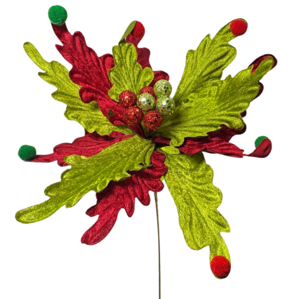 27" Velvet Poinsettia w/ Pom Poms