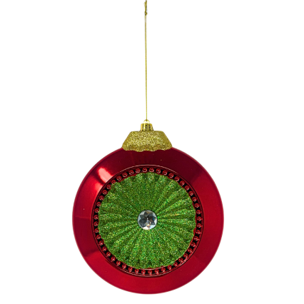 8" Red & Green Glittered Disc Ornament