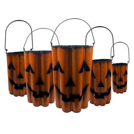 Metal Jack-O-Lantern Buckets – Set of 5