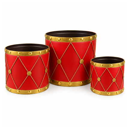 Red & Gold Metal Drum Planters - Set of 3