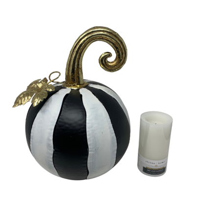 14" Metal Cut Out Pumpkin Lantern Set -BK/WT with - 6" LED wax candle