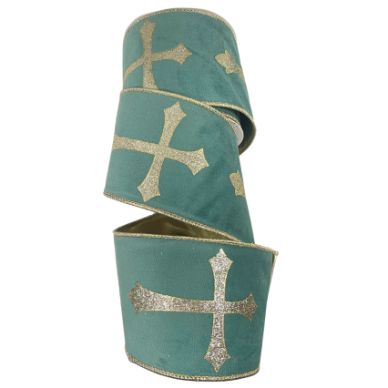 4" x 10yd Light Blue Velvet Ribbon w/ Glitter Cross Design