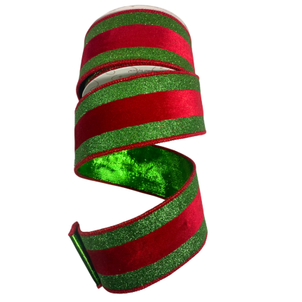 2.5" x 10yd Red Velvet w/ Green Glitter Stripes Ribbon