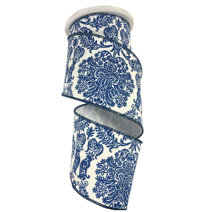 4" 10yd Blue Print on White Dupioni Ribbon