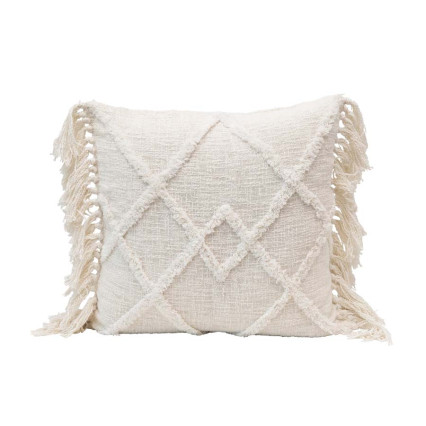 20" Square Cotton Pillow w/Pattern & Tassels - Off White