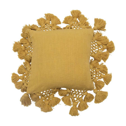 18" Square Cotton Slub Pillow w/Crochet & Tassels - Yellow