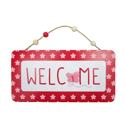 12" Bug Welcome Sign- Red Border W/ Pink Flowers & Butterfly